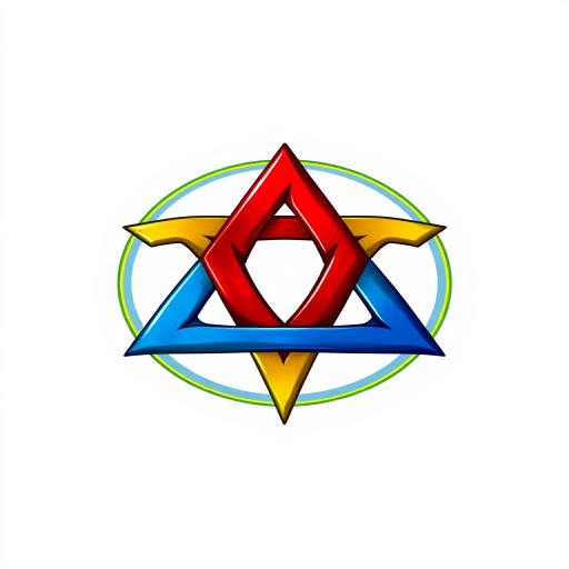 Create a vibrant and detailed graphic of a triquetra symbol with red, blue, and yellow colors, set against a white background with a green border, in a high-resolution vector style, using a digital camera with a 50mm lens, f/1.8 aperture, ISO 100, and shot in natural daylight for optimal clarity.