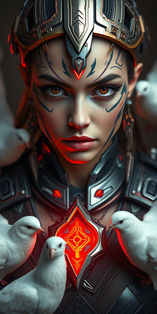 Create a high-resolution portrait of a futuristic warrior woman with intricate facial markings and metallic headgear, a glowing red element on her chest, surrounded by soft white doves, taken with a Canon EOS R5 at f/1.8, ISO 100, 50mm lens in portrait mode, featuring dramatic lighting and vibrant colors to enhance details and depth.