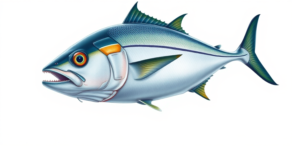 Create a detailed illustration of a tuna fish swimming, using a Canon EOS 5D Mark IV camera, 50mm lens, f/8 aperture, ISO 100, high dynamic range, with a clean white background to enhance colors and sharpness.