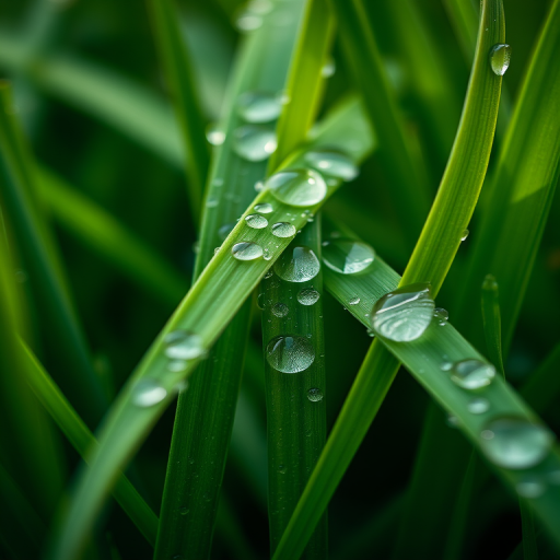 Close-up shot of green grass blades with water droplets, f/2.8 aperture, 50mm lens, ISO 200, natural light, macro photography, DSLR camera, soft focus background.