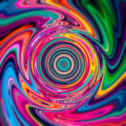 create a vibrant abstract image featuring concentric circles in the center surrounded by swirling colors using a DSLR camera with f/1.8 aperture, 50mm lens, ISO 100, and a high dynamic range style to enhance details and texture in the colors