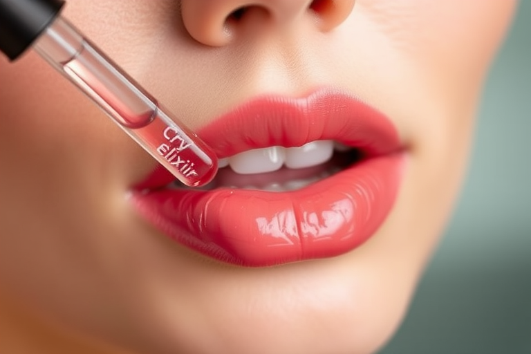 Hydrating lip oil in a soft rose quartz tint called "Crystal Elixir," infused with nourishing ingredients and a subtle fruity scent