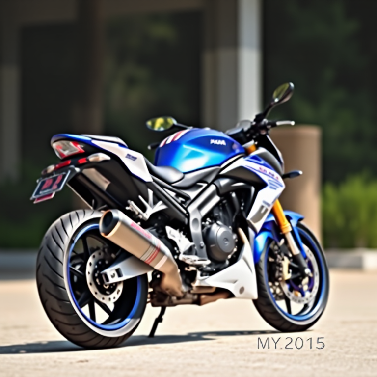 Generate a high-resolution vector image of a blue and white sport motorcycle viewed from the side with a shallow depth of field, using a DSLR camera with a 50mm lens at f/2.8, ISO 100, and natural lighting for enhanced detail and clarity.