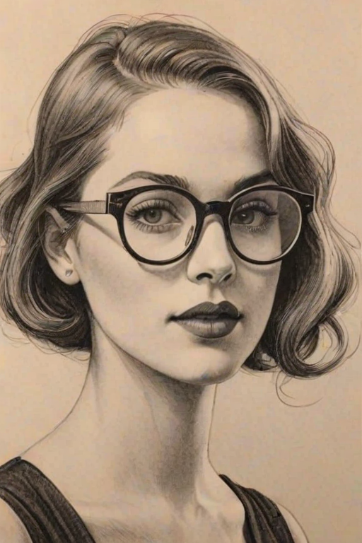Stunning Ashley Marie, pencil sketch, portrait of Sublime woman 1925s in glasses, hair style beatnik, outline, clear lines, fine lines, 8k