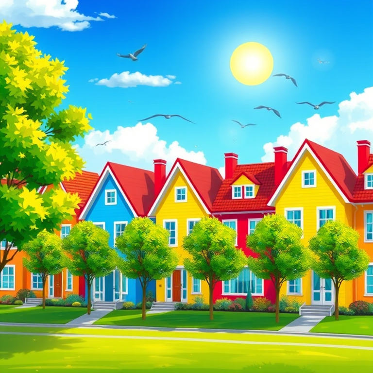 generate a vibrant illustration of a row of colorful houses with red, yellow, and blue roofs, surrounded by green trees and a clear blue sky, include a bright sun and birds flying, capture in a digital art style with soft focus, high resolution, and a balanced composition, simulate a wide-angle view for a sense of depth.