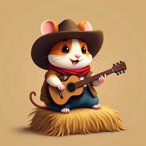 A chibi hamster, dressed as a cowboy, playing guitar, sitting on a hay bale