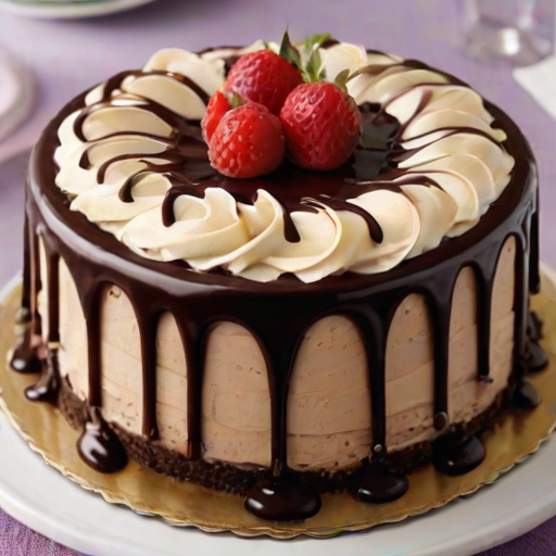 Create an image of a beautifully decorated chocolate cake with a smooth frosting finish and a glossy chocolate ganache drip. The cake should have a decorative border of swirled frosting on top, and it should be presented on a simple, elegant plate. The background should be light and neutral to emphasize the cake's rich colors.