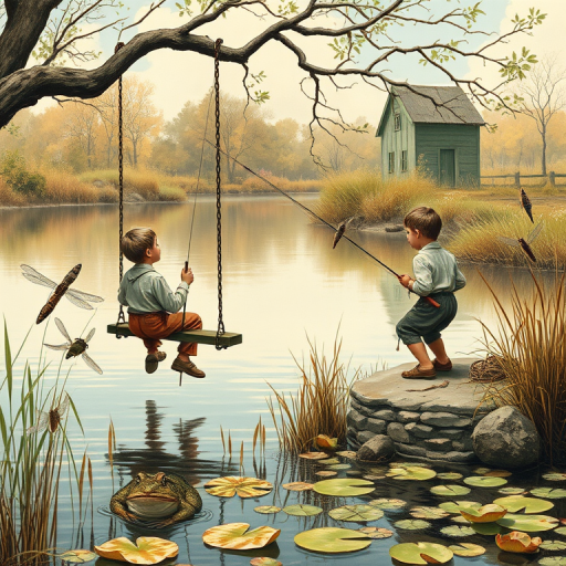 Imagine a small group of old fashioned young boys out fishing by the creek, a swing hanging from a tree branch, reeds and grasses by the water's edge, a frog sitting on a lily pad, dragonflies hovering over som water plans, a very iconic old fashioned scene reminiscent of a Norman Rockwell painting style