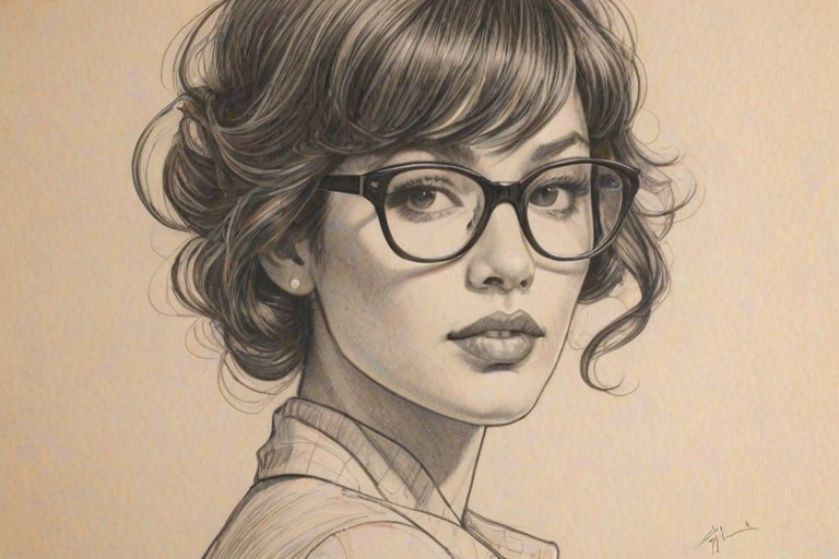 Fascinating Paz de la Huerta, pencil sketch, portrait of Radiant woman 1960s in glasses, hair style beatnik, outline, clear lines, fine lines, 8k