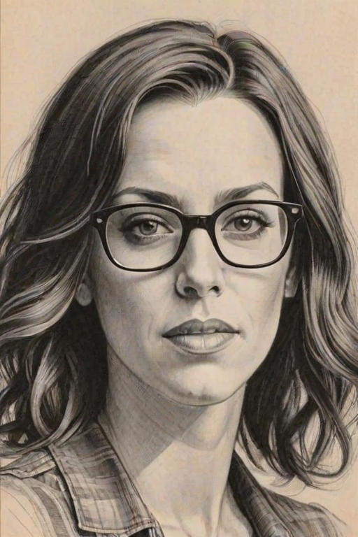 Appealing Alanis Morissette, pencil sketch, portrait of Dazzling woman 1929s in glasses, hair style beatnik, outline, clear lines, fine lines, 8k