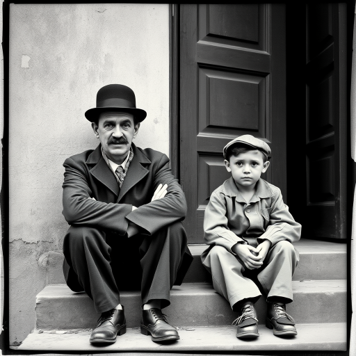 A black-and-white photograph of a man and a child sitting on steps in front of a doorway. The man is dressed as a tramp with a bowler hat, mustache, and ragged clothes, reminiscent of Charlie Chaplin's iconic look. He is sitting with his arms crossed and an expression of slight sadness or frustration. Next to him is a young boy, also in worn clothes and a cap, sitting with his hands clasped, looking thoughtful. The background is an old, textured wall and a partially open door, creating a vintage, early 20th-century atmosphere.