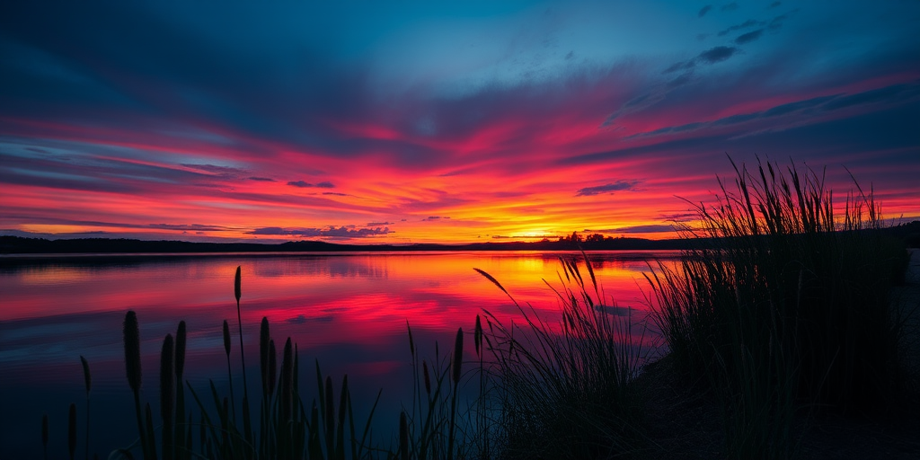 Create a high-resolution image of a peaceful sunset over a calm lake reflecting vibrant colors, captured with a Canon EOS R5, 24-70mm lens, f/8 aperture, ISO 100, 1/125s shutter speed, taken from a low angle to emphasize the foreground and enhance depth.
