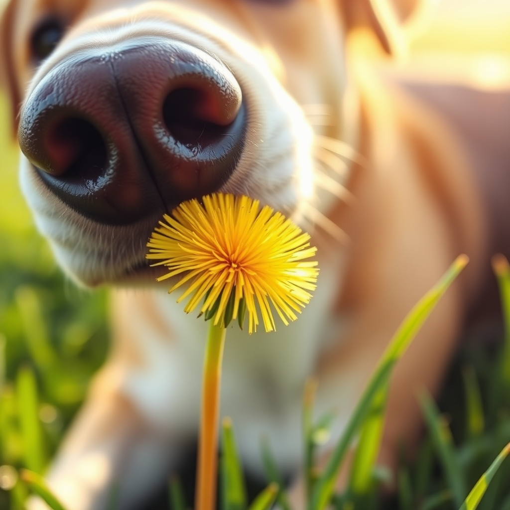Close-up of a dog's nose sniffing a vibrant dandelion, with delicate seeds caught mid-flight in the soft golden light of a spring afternoon, and soft green grass blurred in the background.