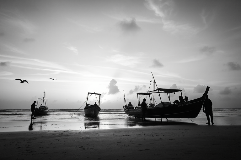 A serene black and white image of fishermen at dawn on a beach, with boats being pulled in, soft clouds above, shot with a Canon EOS R5, 50mm lens, f/8 aperture, 1/250 sec shutter speed, ISO 200, low-angle view, natural light, and enhanced contrast for depth.