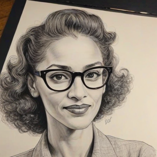 Enchanting Carla Hall, pencil sketch, portrait of Fascinating woman 1938s in glasses, hair style beatnik, outline, clear lines, fine lines, 8k