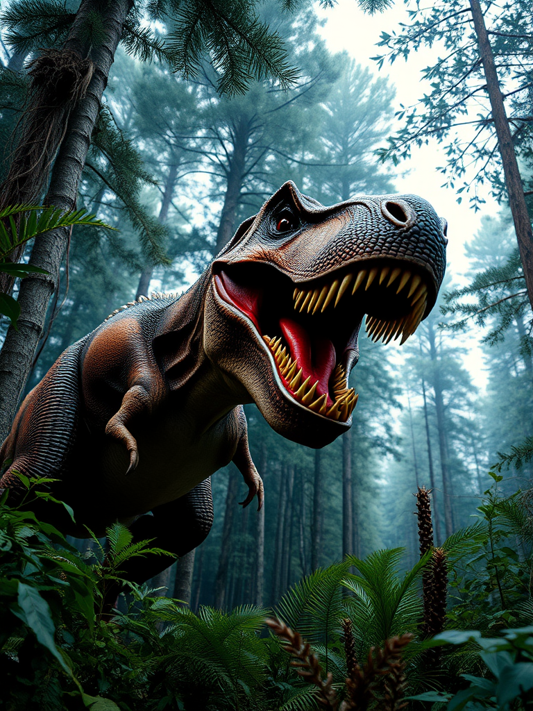 A realistic and detailed depiction of a roaring T-Rex in a dense prehistoric forest, captured in 35mm format, with an aperture of f/2.8, ISO 200, shutter speed of 1/500 sec, low angle view to emphasize the dinosaur's size, with vivid colors and dynamic lighting to enhance the atmosphere.