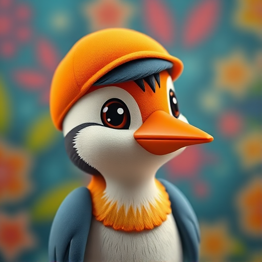 Create a high-resolution image of a cartoon bird character with a flat design wearing an orange cap, focused on a vibrant background, using a Canon EOS R5 with a 50mm f/1.8 lens, aperture at f/2.8, ISO 100, and a slight vignette effect for enhanced depth.