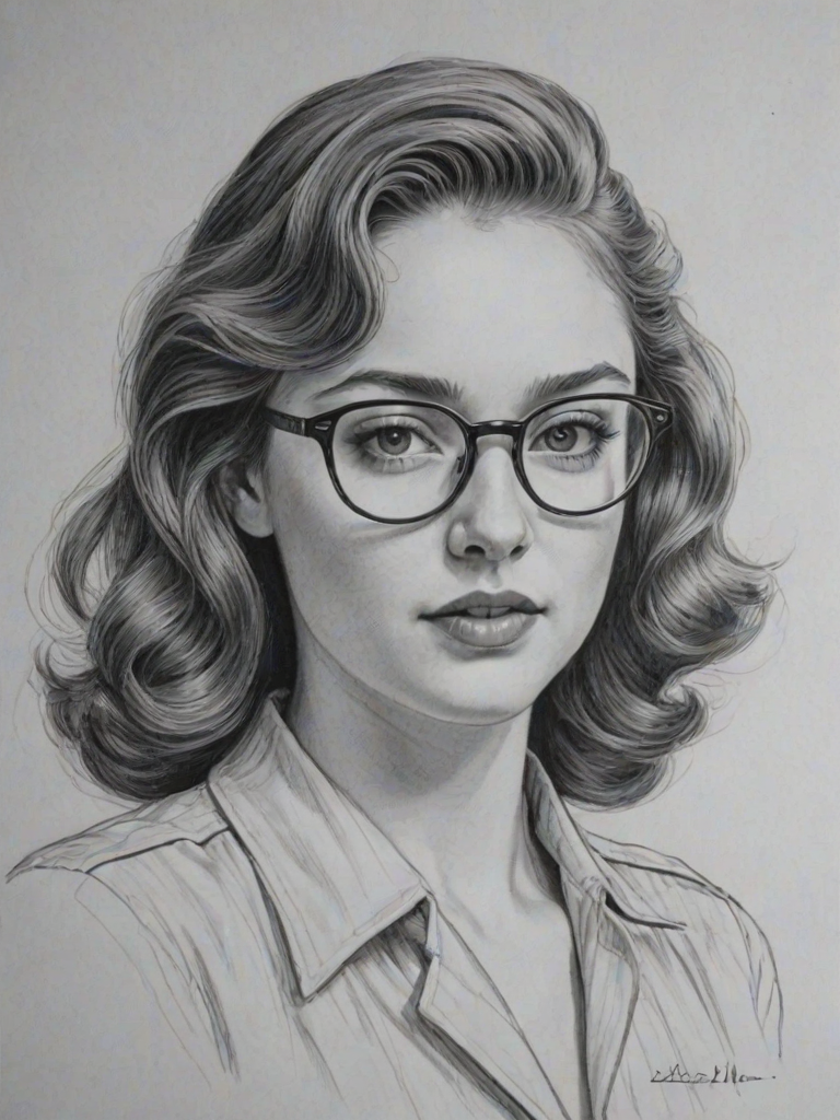 Radiant Danielle Rose Russell, pencil sketch, portrait of Fetching woman 1940s in glasses, hair style beatnik, outline, clear lines, fine lines, 8k