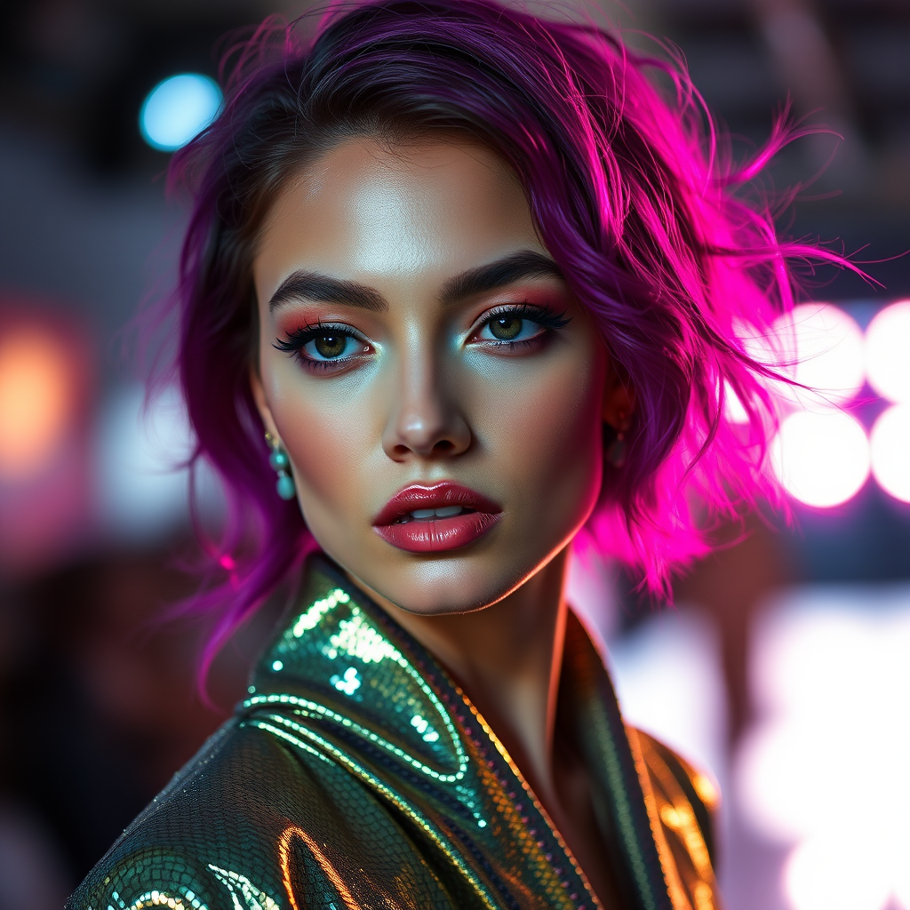 Runway capture, a beautiful model, vibrant colors, metallic textures, high fashion editorial , a 100mm macro lens to get extreme close-ups of intricate details like fabric stitching, accessories, or makeup artistry