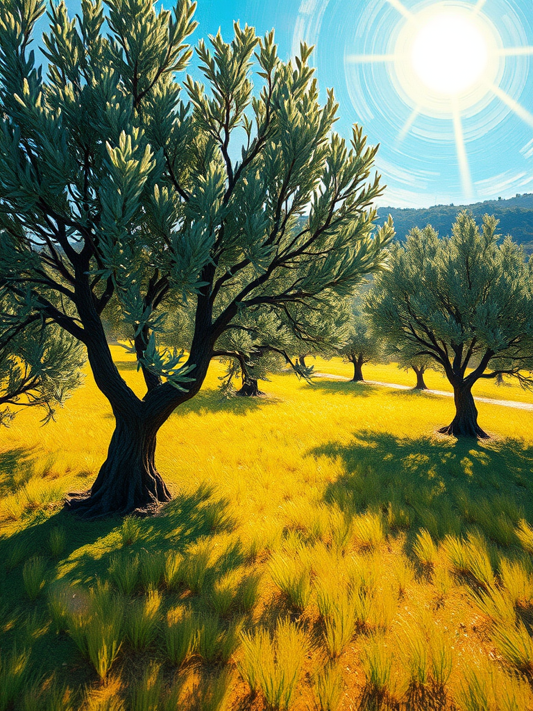 regenerate a vibrant impressionist landscape with swirling olive trees under a bright sun, use a DSLR camera with a 50mm lens, aperture f/2.8, shutter speed 1/125s, ISO 100, shot from a low angle to enhance depth and detail, focusing on the texture of the brush strokes and colors.