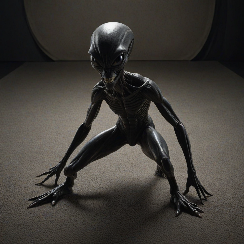 A funny Alien in a stretching position on a textured carpet, with its black, glossy body reflecting dim light. Legs spread wide, upper body bent forward, long segmented tail curving over its back, arching above its head. Face directed at the viewer, showing biomechanical features, sharp teeth, elongated skull. Muscles taut, emphasizing strength in the stretch. Minimalist environment, focusing on the creature's athletic pose. Photorealistic quality.