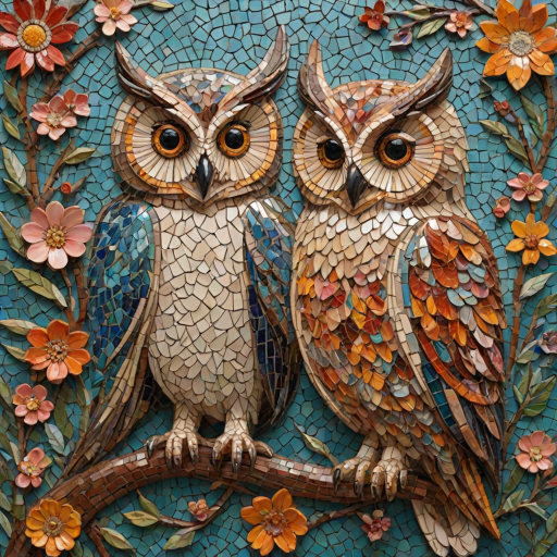 A mosaic of floral owls, each owl intricately composed of individual flower blossoms. The design showcases a delicate balance of nature and form, where the feathers of the owls are replaced by vibrant petals and blooms. The overall appearance is whimsical yet detailed, with each floral element contributing to the intricate patterns of the owl’s body. The artwork embraces a raw, organic style, with natural hues and soft textures, creating a harmonious blend of flora and fauna. The mosaic arrangement adds depth and visual intrigue to the piece, evoking a sense of wonder and artistic beauty.