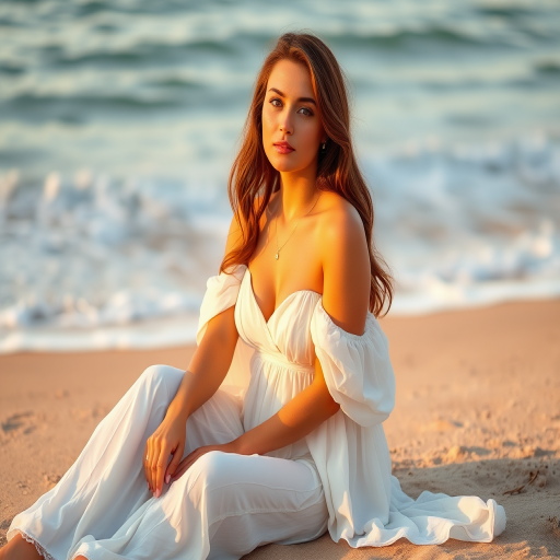 portrait of a woman in a flowing white dress sitting on a beach with soft waves in the background, golden hour lighting, f/2.8 aperture, 50mm lens, ISO 100, shallow depth of field, DSLR camera, high-resolution clarity