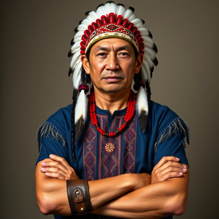 Create a dignified portrait of a Native American man dressed in traditional attire. He wears a beautifully crafted headdress adorned with white feathers and red beads, along with a beaded headband featuring intricate patterns. His clothing includes a deep blue, patterned shirt and a traditional chest piece with detailed beadwork. His arms are crossed, displaying leather armbands decorated with feathers. The background is simple and neutral, emphasizing his proud and stoic expression. The overall image captures the rich cultural heritage and strength of his persona.