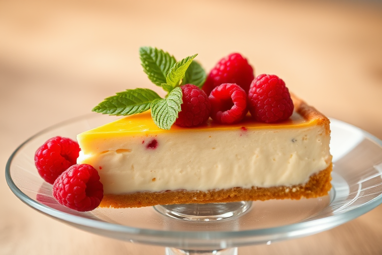 A slice of cake on a clear plate with a golden crust and a creamy filling topped with fresh raspberries and a green leaf in a soft focused background.