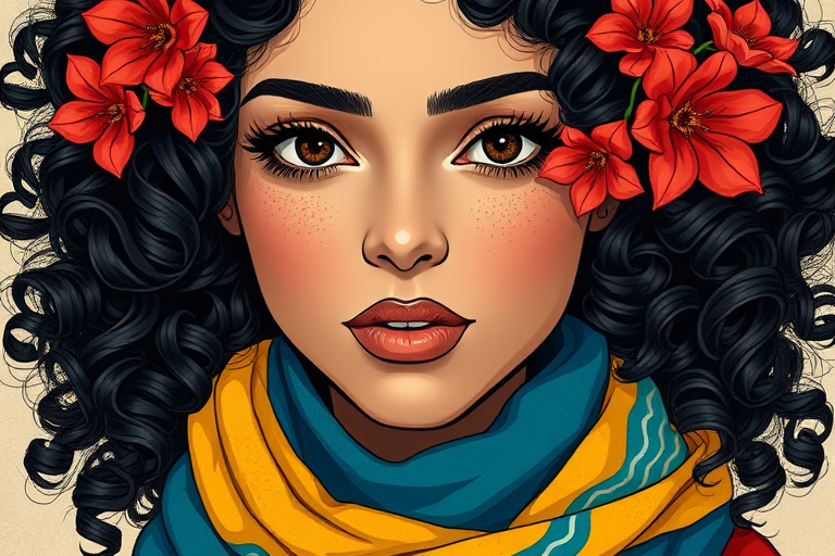 Regenerate an artistic illustration of a woman with dark curly hair adorned with red flowers and wearing a blue and yellow scarf, captured in a close-up view using a DSLR camera with a 50mm lens at f/1.8, ISO 100, and natural light for enhanced detail and vibrancy.