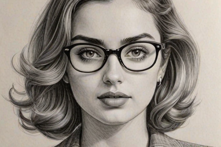 Lovely Ana de Armas, pencil sketch, portrait of Enticing woman 1939s in glasses, hair style beatnik, outline, clear lines, fine lines, 8k