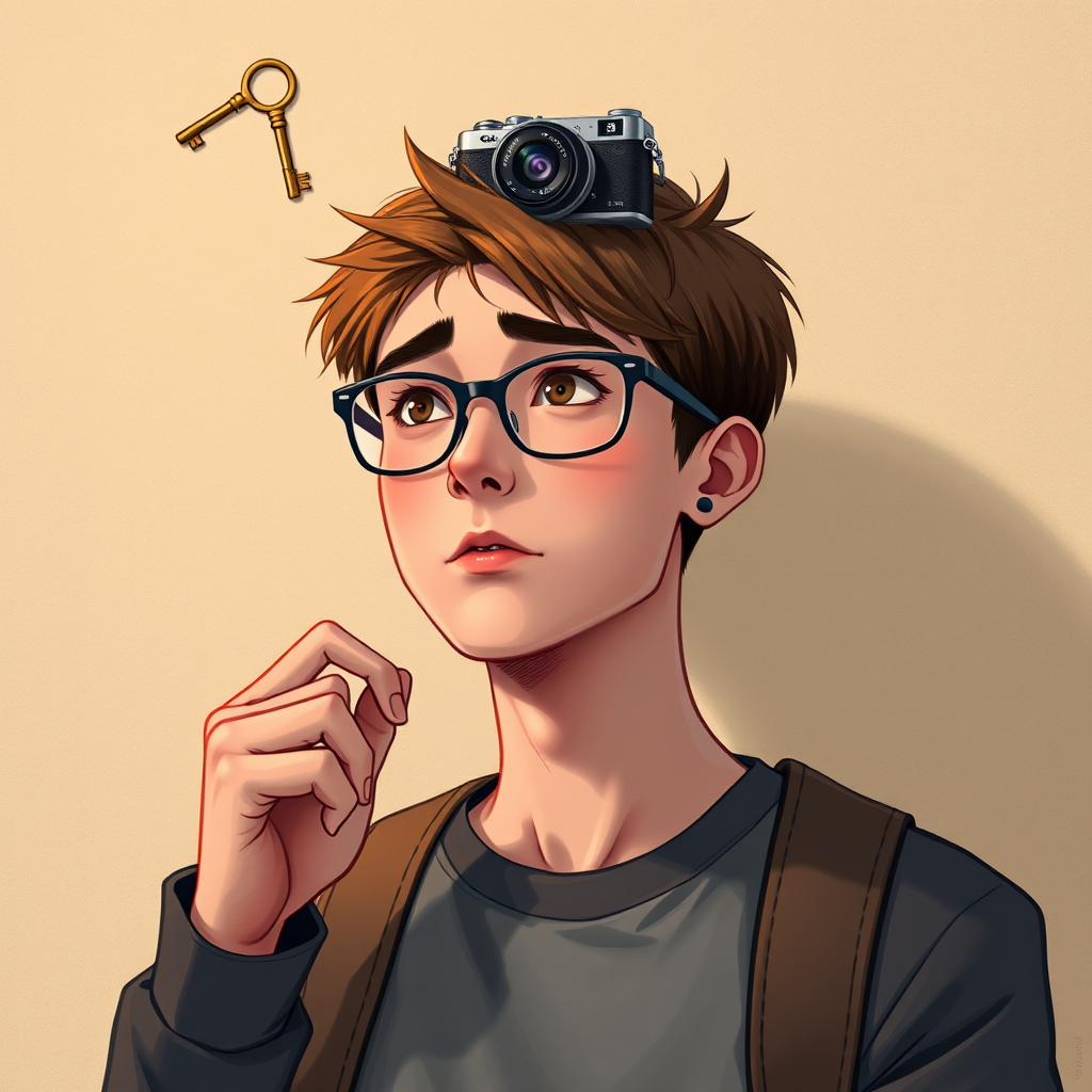 Create a highly detailed digital illustration of a young man with short hair and glasses, expressing a thoughtful expression, a camera and key floating above his head, with a textured paper background, using a Canon EOS R5, 50mm lens, f/1.8 aperture, 1/125 shutter speed, and a natural light setup.
