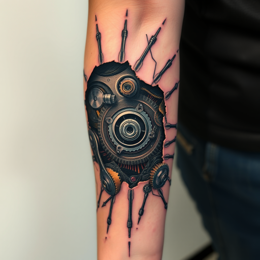 Surrealistic biomechanical tattoo on the arm revealing metallic gears and circuitry beneath torn skin with hyper-realistic details and a futuristic color palette