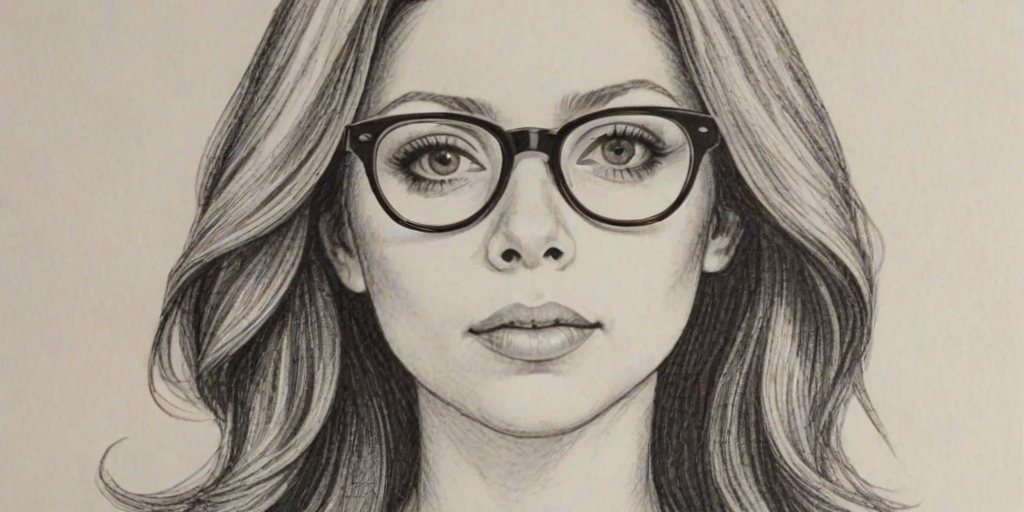 Appealing Michelle Trachtenberg, pencil sketch, portrait of Resplendent woman 1969s in glasses, hair style beatnik, outline, clear lines, fine lines, 8k