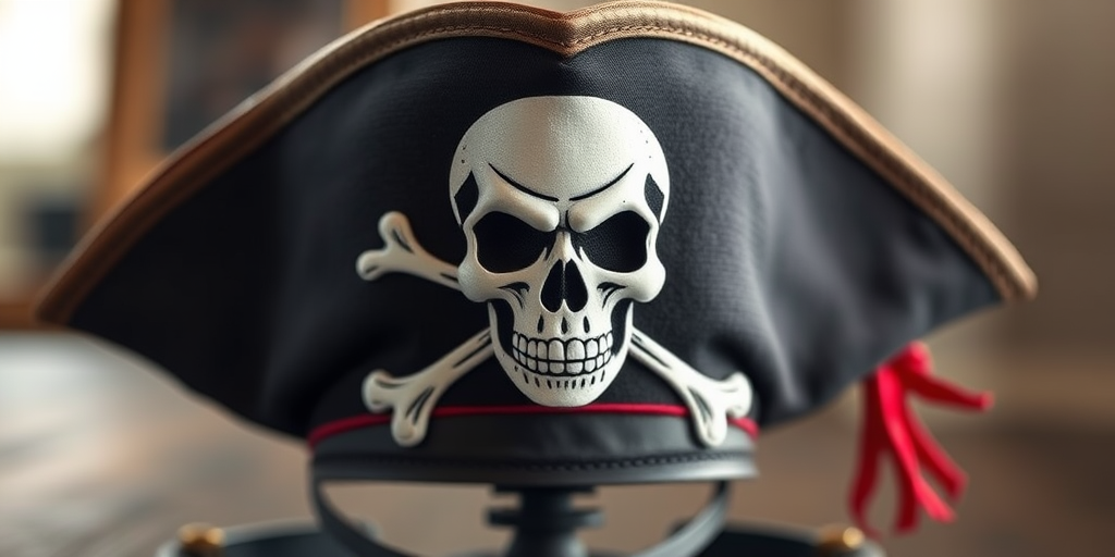 Create an enhanced and detailed pirate hat design featuring a skull and crossbones, with a high-resolution look, shot from a slightly elevated angle, using a DSLR camera with a 50mm lens, aperture set to f/2.8, ISO 100, and a soft focus background for depth.
