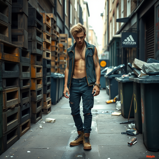 generate an ultra-realistic, highly detailed photograph of a punk. he's standing still, looking menacingly at the camera. he's in a narrow, dirty London street. there are wooden crates stacked up. overflowing rubbish bins, rubbish on the ground.