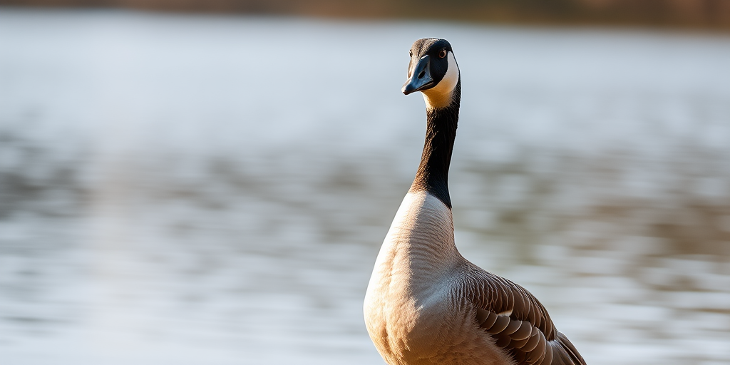 Regenerate an image of a goose standing by a lake, use a DSLR camera, aperture f/4.0, shutter speed 1/250s, ISO 200, focus on the goose with a shallow depth of field, portrait view, natural lighting.