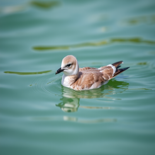 Generate a high-resolution image of a young seagull swimming in calm green water, captured with a DSLR camera using a 50mm lens at f/4, 1/250s shutter speed, ISO 100, with a shallow depth of field to create a soft background blur and enhance the bird's details.