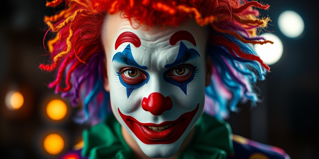 Portrait of a clown with colorful hair and makeup, dramatic lighting, f/2.8, ISO 100, 85mm lens, shot from eye level with soft focus background, using a DSLR camera in a studio setting.