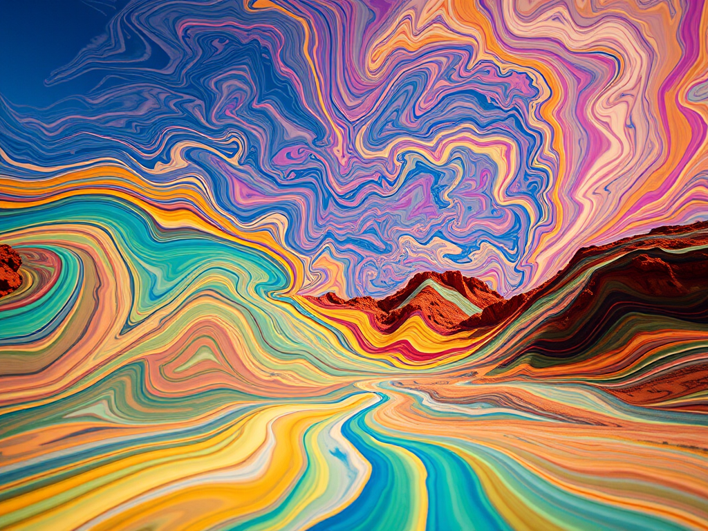 Generate a vibrant, abstract landscape with swirling colors and dynamic shapes, captured using a Canon EOS R5 with an 24-70mm f/2.8 lens, aperture set at f/5.6, ISO 100, 1/250 second shutter speed, shot from a low angle for depth and interest, while using a standard view to enhance the overall composition.