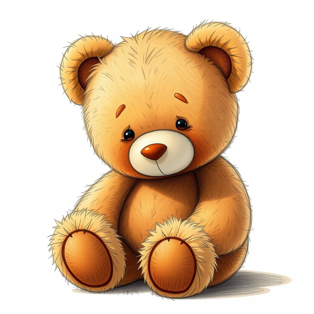 Create a detailed sketch of a cute teddy bear sitting with a sad expression, using a warm color palette, shot with a Canon EOS R5, 50mm lens, f/1.8 aperture, ISO 100, soft natural lighting, and a shallow depth of field to enhance the plush texture and warmth of the bear.
