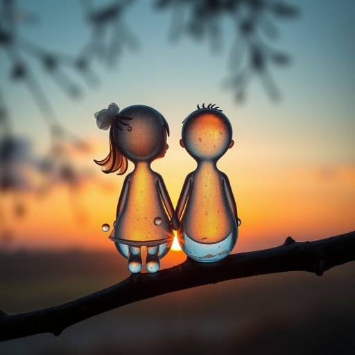 A high-quality conceptual HDR macro hyper-realistic photograph of a tree branch with a couple of transparent water drops in the shape of a female and a male chibi-style figure. The figures have a soft, wet, bubbly wet and bioluminescent texture. They are sitting on the branch and contemplating a beautiful sunset in the distance.