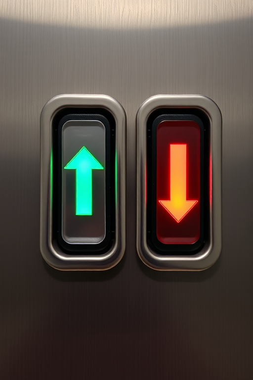 Create a close-up image of two elevator buttons, one green with an upward arrow and one red with a downward arrow, against a brushed metal background, using a DSLR camera, 50mm lens, f/2.8 aperture, ISO 100, and a shallow depth of field to enhance clarity and detail.