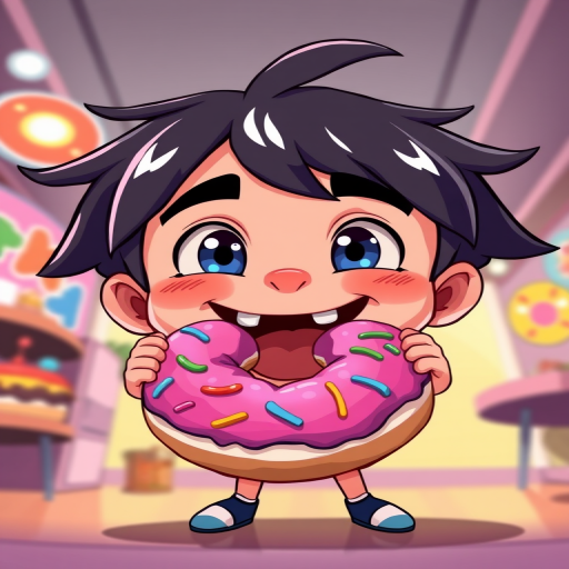 Create a vibrant illustration of a cartoon character with exaggerated features joyfully biting into a colorful donut, captured from a low-angle perspective, using a digital art style with high resolution, and utilize a 50mm lens setting for sharp detail and vivid colors.