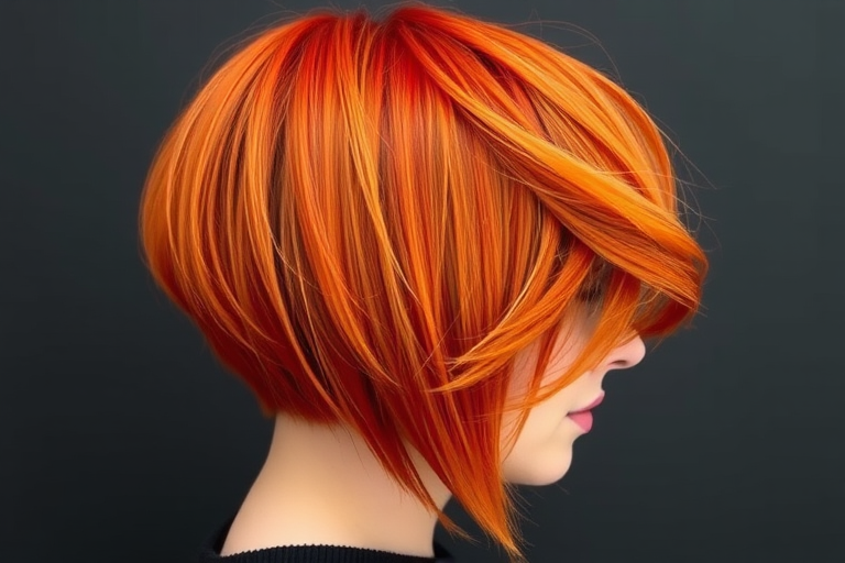 Fiery orange-red hair color in a sleek asymmetrical bob, Phoenix Flame cut, showcasing a sharp angle and vibrant hues reminiscent of burning embers
