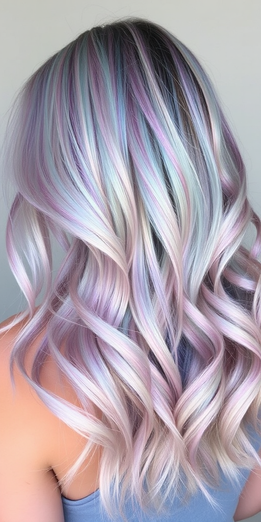 Iridescent opal hair known as "Crystal Prism," shimmers with hints of pink, blue, and green as it catches the light, styled in loose, tousled waves that create movement and showcase the multifaceted hues