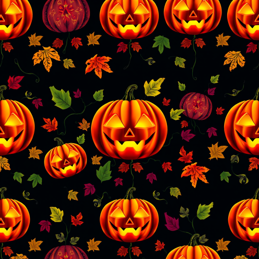 Create a vibrant Halloween-themed seamless pattern featuring illuminated jack-o'-lanterns, colorful autumn leaves, and vines on a dark background, captured with a DSLR camera at f/8 aperture, ISO 200, 50mm lens, top-down view, high saturation.