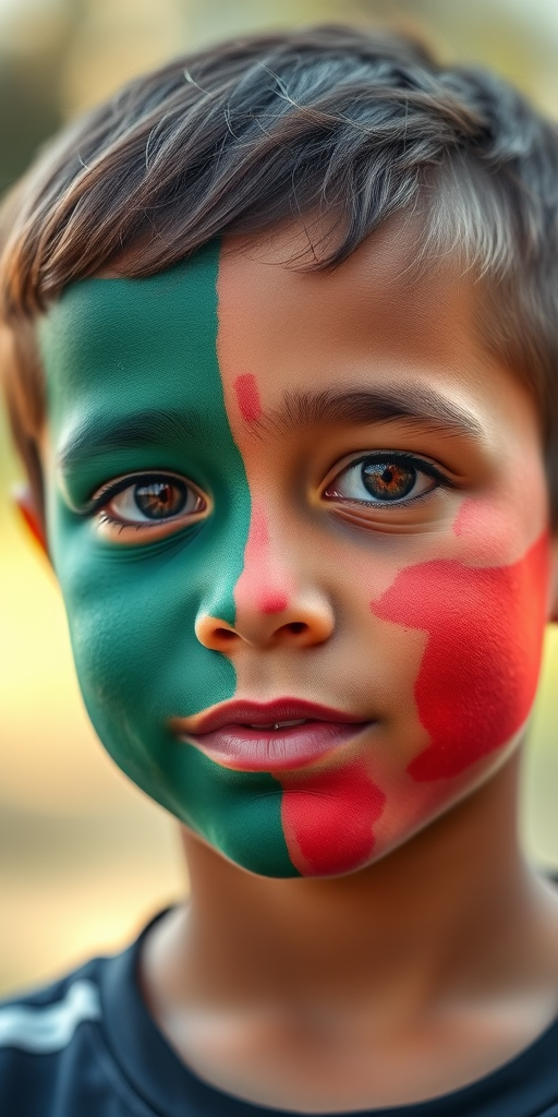 Capture a portrait of a young boy with half of his face painted in the colors of a flag, soft focus background, natural lighting, using a Canon EOS R5 with a 50mm f/1.2 lens, aperture set to f/2.8, shutter speed 1/125, ISO 100.