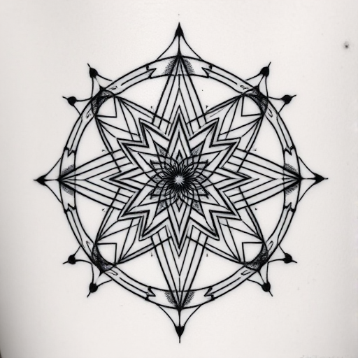 Geometric blackwork tattoo called "Sacred Symmetry" showcasing precise lines and shapes forming complex patterns and optical illusions, with dotwork shading and sacred geometry principles incorporated into the design
