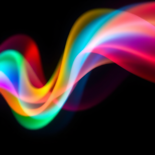 Create a vibrant abstract light wave with colors blending smoothly, using a DSLR camera, 50mm lens, f/1.8 aperture, ISO 100, 1/200s shutter speed, with a soft focus and a black background for contrast.